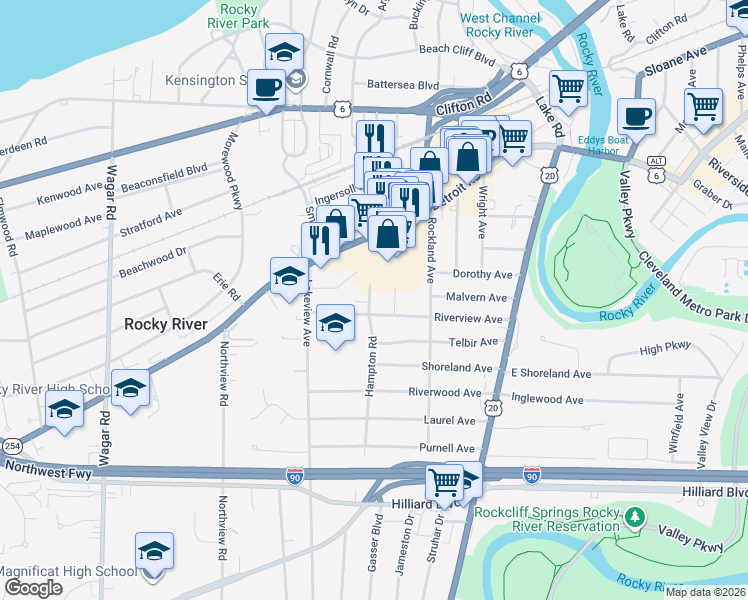 map of restaurants, bars, coffee shops, grocery stores, and more near 1500 Hampton Road in Rocky River