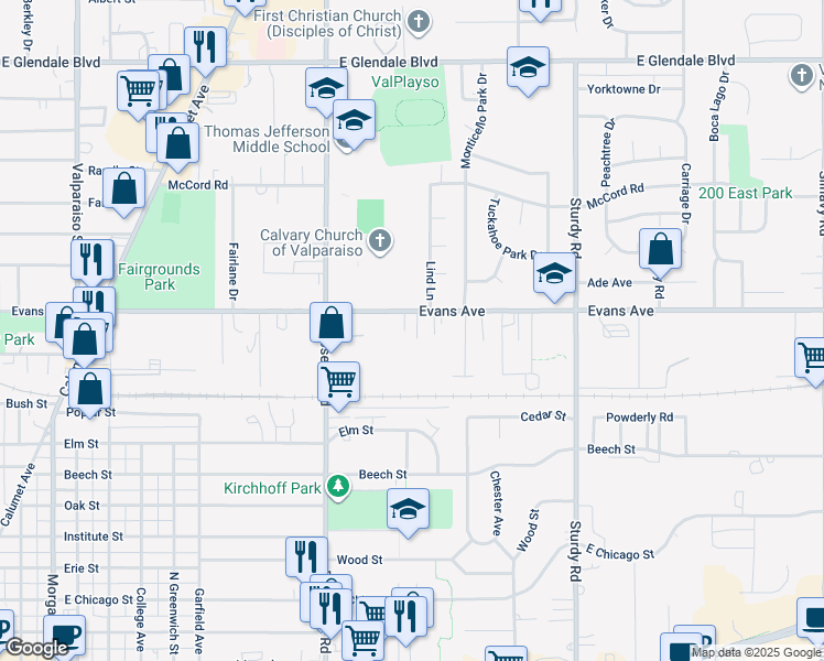 map of restaurants, bars, coffee shops, grocery stores, and more near 1402 Evans Avenue in Valparaiso