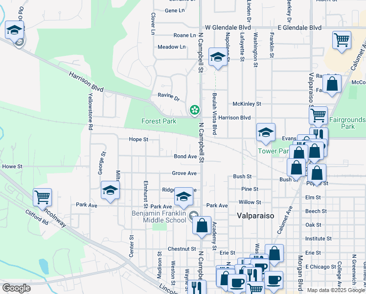 map of restaurants, bars, coffee shops, grocery stores, and more near 454-458 Bond Avenue in Valparaiso