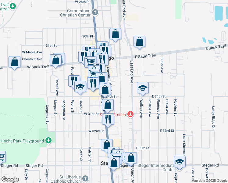 map of restaurants, bars, coffee shops, grocery stores, and more near 3333 Commercial Avenue in Chicago Heights