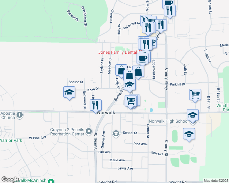map of restaurants, bars, coffee shops, grocery stores, and more near 613 Knoll Drive in Norwalk