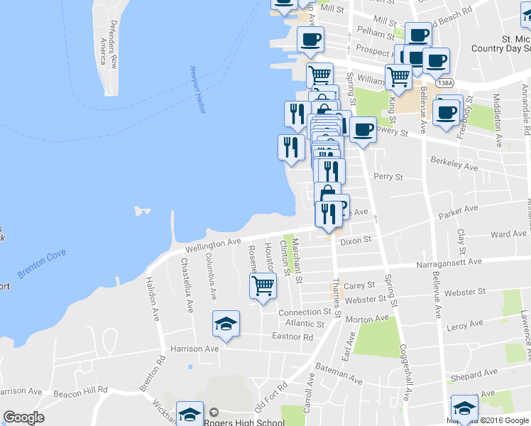 map of restaurants, bars, coffee shops, grocery stores, and more near 11 Kirwins 5th Ward Lane in Newport