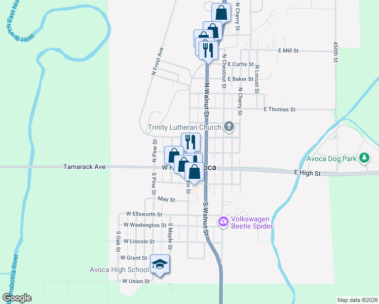 map of restaurants, bars, coffee shops, grocery stores, and more near 206 N Elm St in Avoca