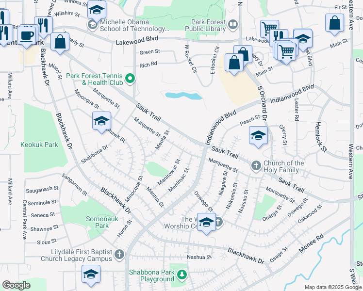 map of restaurants, bars, coffee shops, grocery stores, and more near 216 Marquette Street in Park Forest