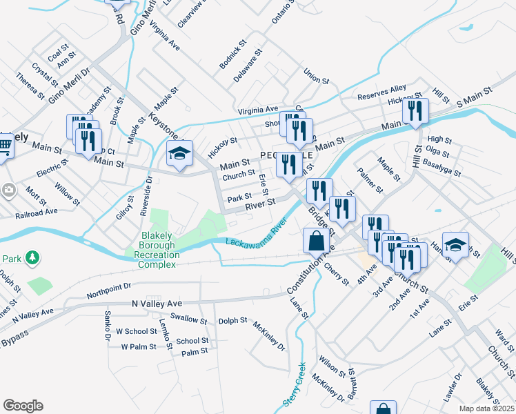 map of restaurants, bars, coffee shops, grocery stores, and more near 702 River Street in Blakely