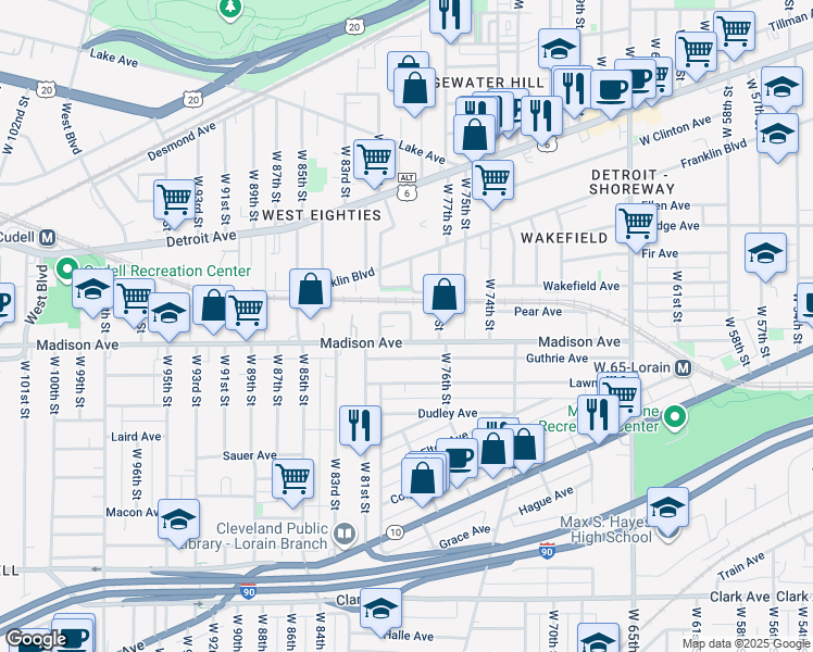 map of restaurants, bars, coffee shops, grocery stores, and more near 1976 West 79th Street in Cleveland