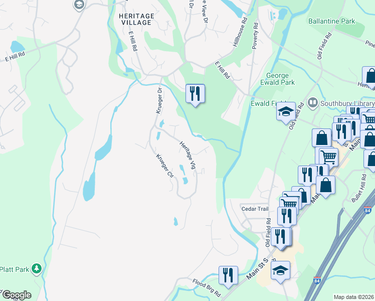 map of restaurants, bars, coffee shops, grocery stores, and more near 291 Krueger Circle in Southbury