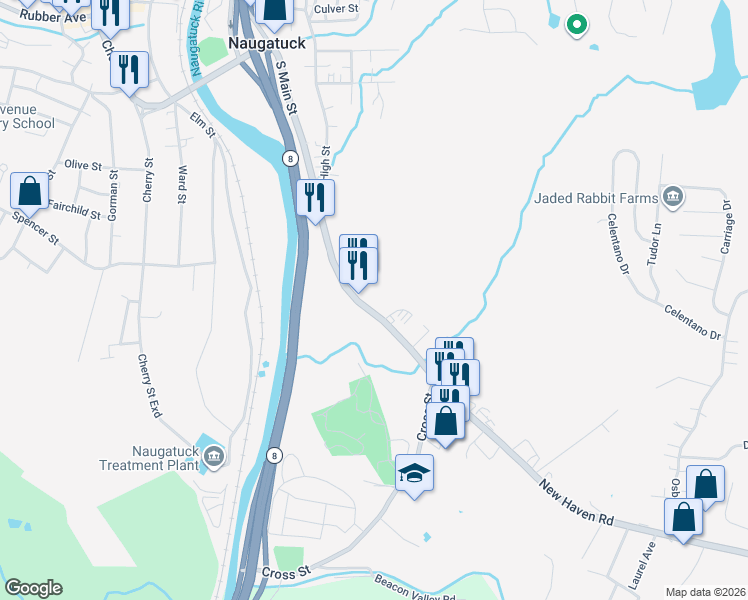 map of restaurants, bars, coffee shops, grocery stores, and more near 668 New Haven Road in Naugatuck