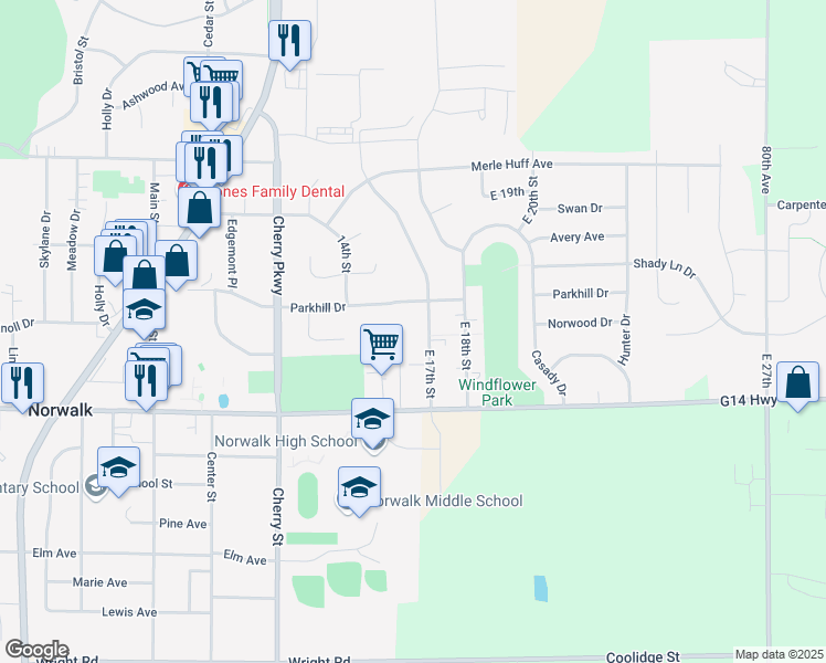 map of restaurants, bars, coffee shops, grocery stores, and more near 1019 East 17th Street in Norwalk