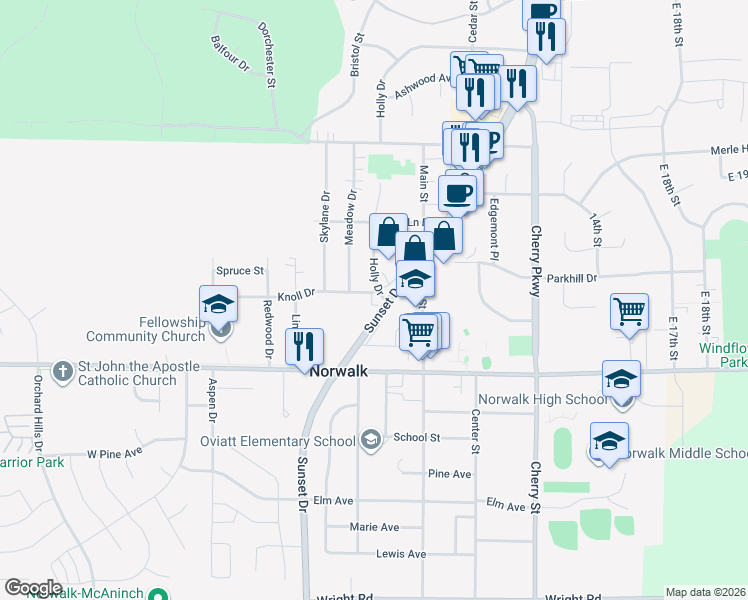 map of restaurants, bars, coffee shops, grocery stores, and more near 614 Knoll Drive in Norwalk
