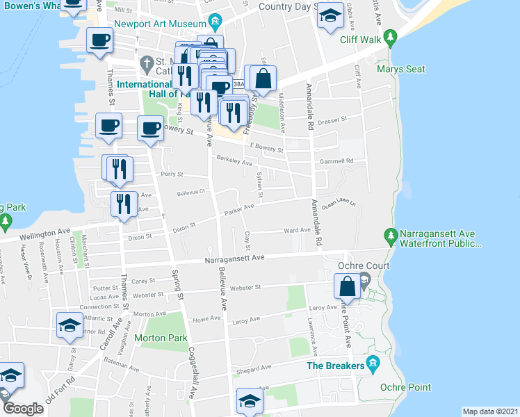 map of restaurants, bars, coffee shops, grocery stores, and more near 27 Parker Avenue in Newport