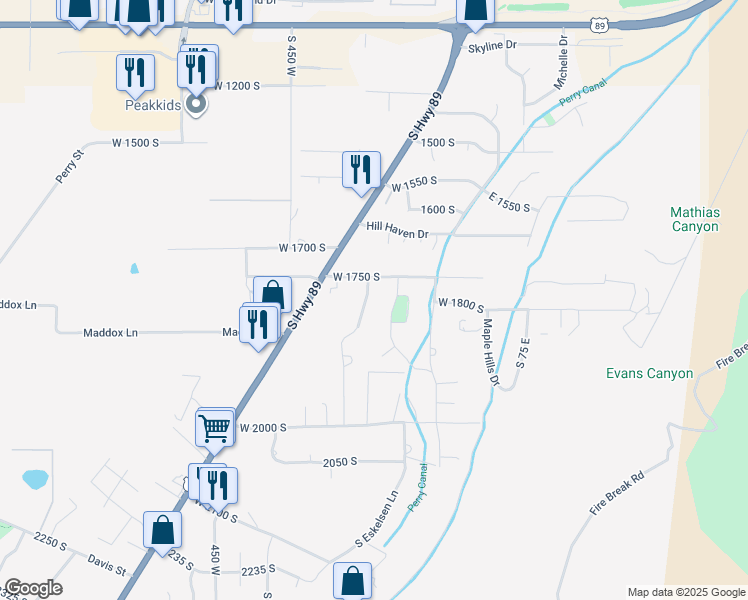 map of restaurants, bars, coffee shops, grocery stores, and more near 1795 South 225 West in Brigham City