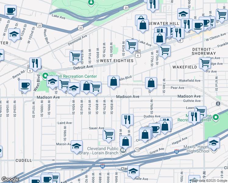 map of restaurants, bars, coffee shops, grocery stores, and more near 8404 Madison Avenue in Cleveland