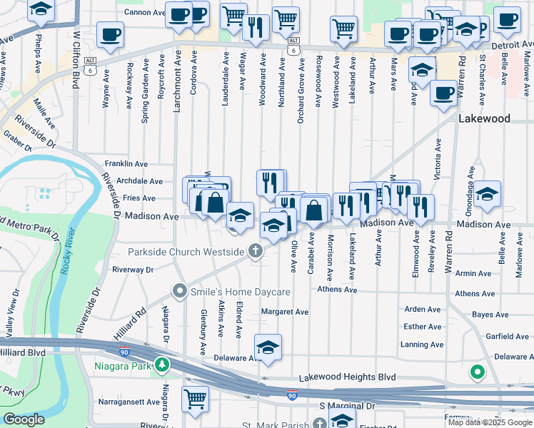 map of restaurants, bars, coffee shops, grocery stores, and more near 1665 Woodward Avenue in Lakewood