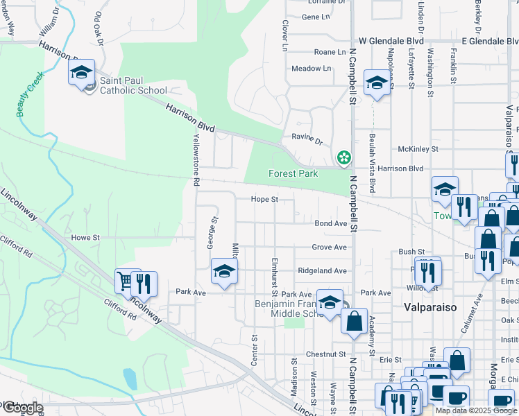 map of restaurants, bars, coffee shops, grocery stores, and more near 1008 Center Street in Valparaiso