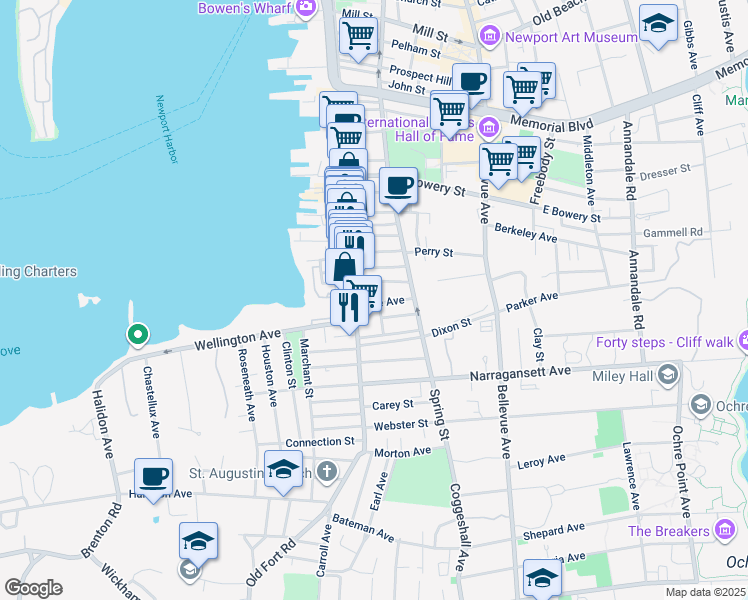 map of restaurants, bars, coffee shops, grocery stores, and more near 21 Underwood Court in Newport