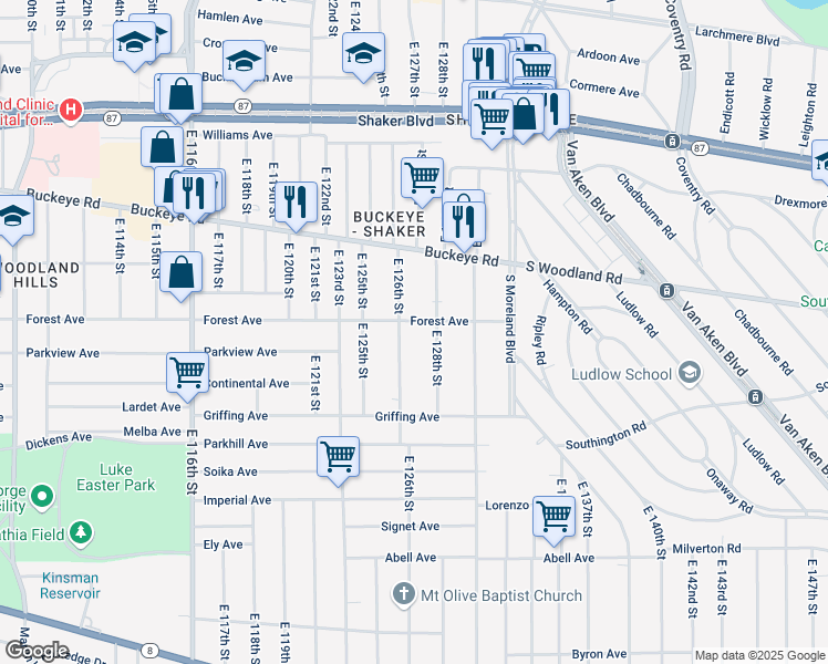 map of restaurants, bars, coffee shops, grocery stores, and more near 12702 Forest Avenue in Cleveland