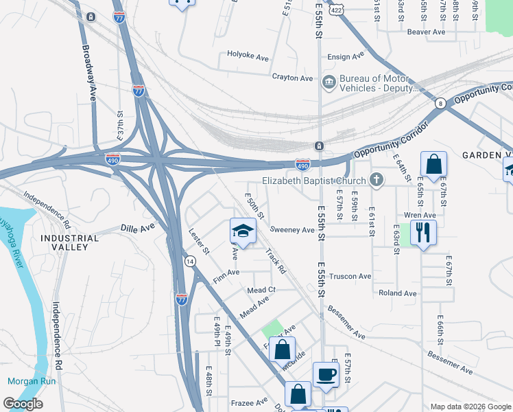 map of restaurants, bars, coffee shops, grocery stores, and more near 2977 East 50th Street in Cleveland