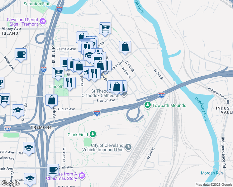 map of restaurants, bars, coffee shops, grocery stores, and more near 2505 Professor Avenue in Cleveland