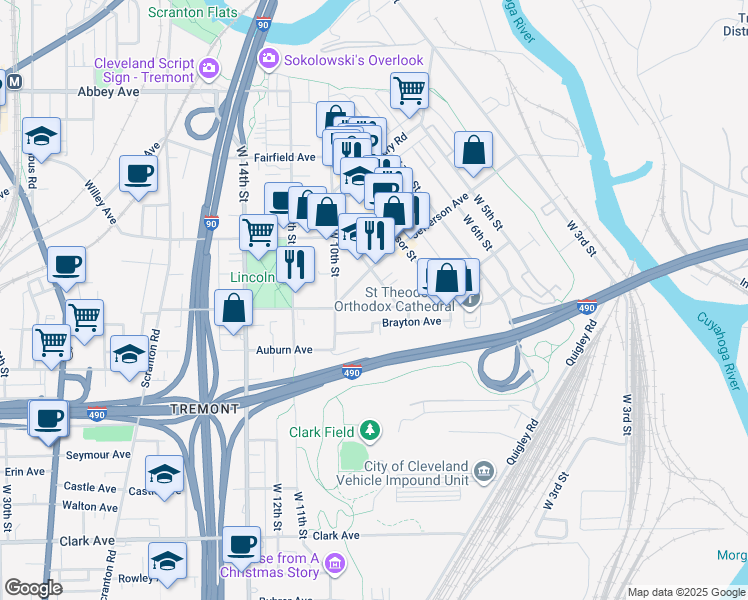 map of restaurants, bars, coffee shops, grocery stores, and more near 2458 Tremont Avenue in Cleveland