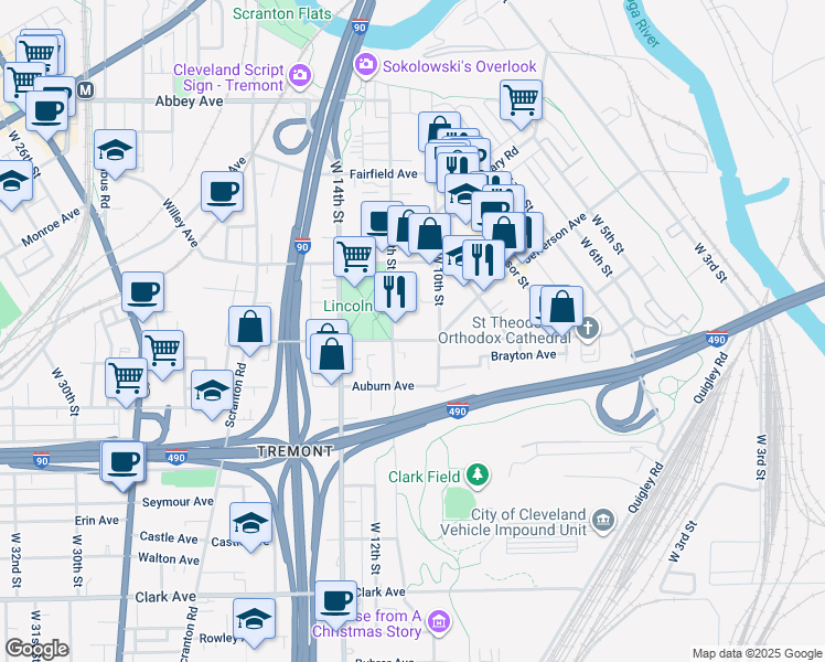 map of restaurants, bars, coffee shops, grocery stores, and more near 2479 West 11th Street in Cleveland