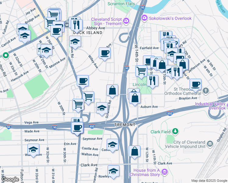 map of restaurants, bars, coffee shops, grocery stores, and more near in Cleveland