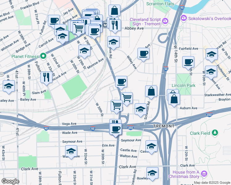 map of restaurants, bars, coffee shops, grocery stores, and more near 2500 West 27th Street in Cleveland