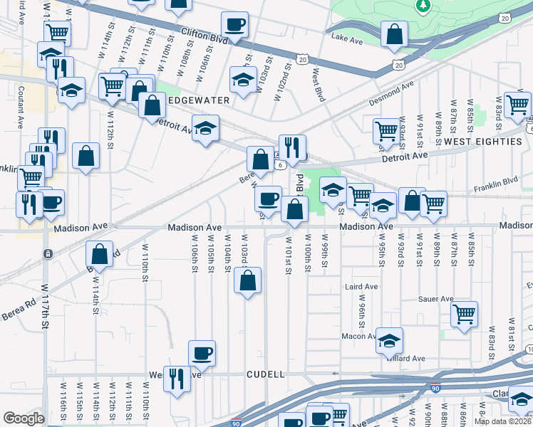 map of restaurants, bars, coffee shops, grocery stores, and more near 1552 West 102nd Street in Cleveland