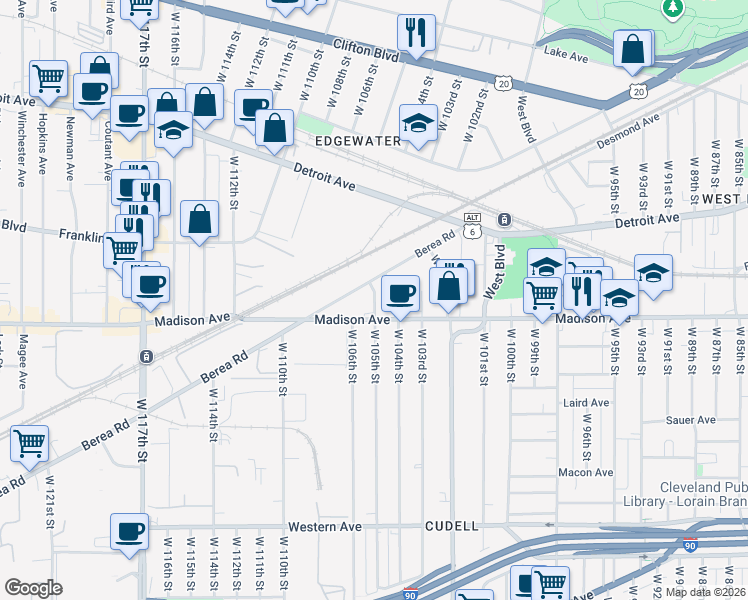 map of restaurants, bars, coffee shops, grocery stores, and more near 1964 West 105th Street in Cleveland