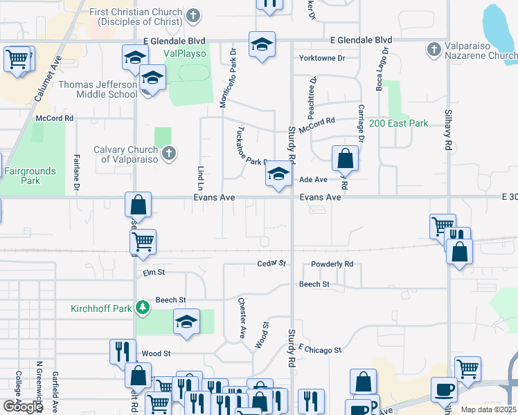 map of restaurants, bars, coffee shops, grocery stores, and more near 1020 Hampton Court in Valparaiso