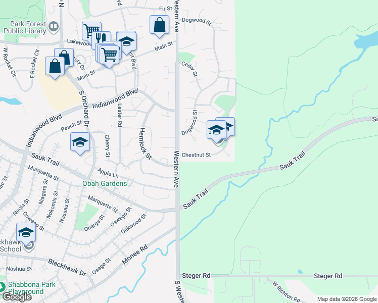 map of restaurants, bars, coffee shops, grocery stores, and more near 3519 Western Avenue in Park Forest