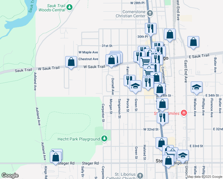 map of restaurants, bars, coffee shops, grocery stores, and more near 3325 Dornell Avenue in South Chicago Heights