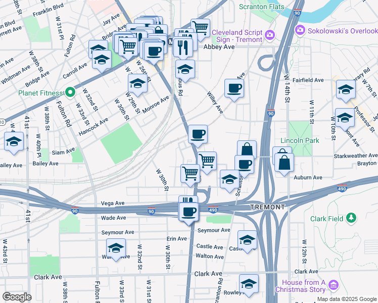 map of restaurants, bars, coffee shops, grocery stores, and more near 2500 West 27th Street in Cleveland