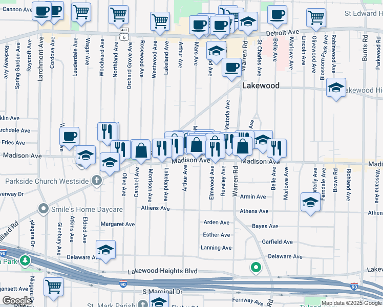 map of restaurants, bars, coffee shops, grocery stores, and more near 1654 Mars Avenue in Lakewood