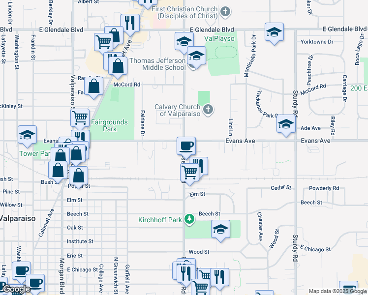 map of restaurants, bars, coffee shops, grocery stores, and more near 1028 Roosevelt Road in Valparaiso