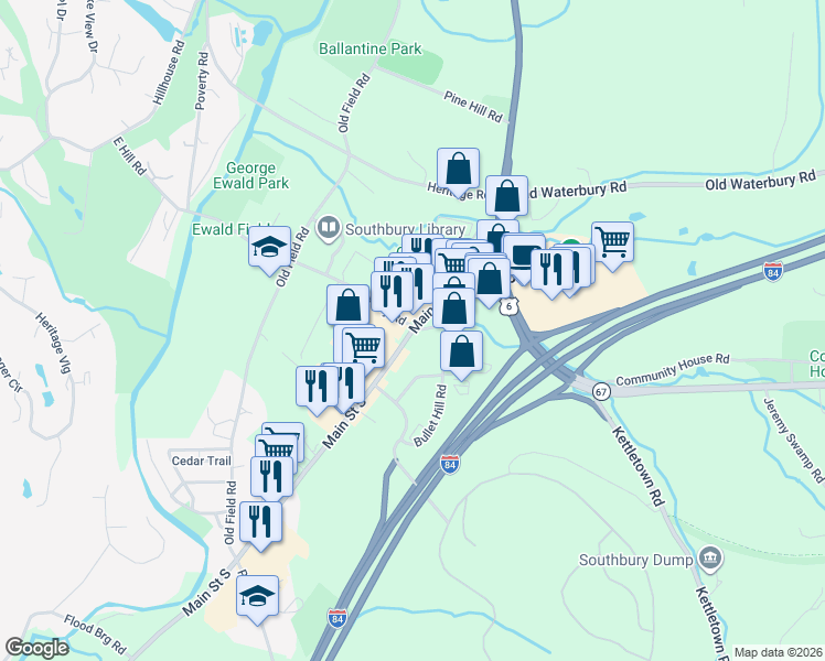 map of restaurants, bars, coffee shops, grocery stores, and more near 89 Main Street South in Southbury
