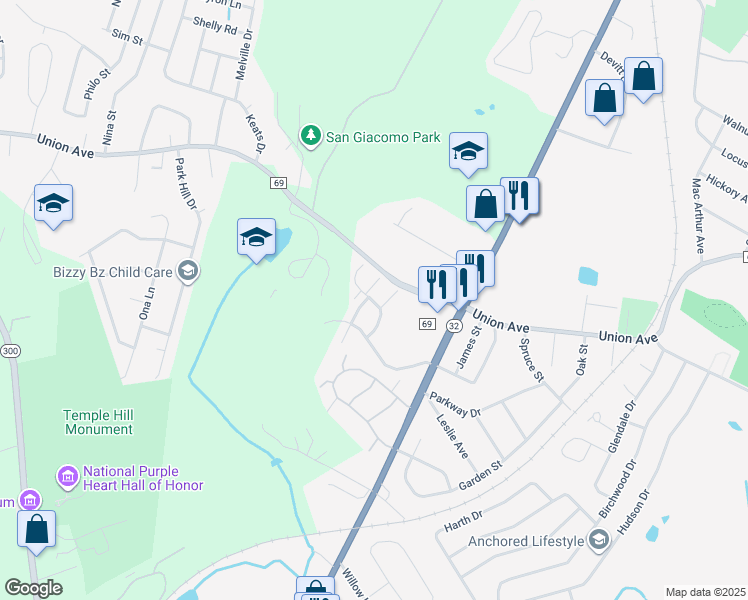 map of restaurants, bars, coffee shops, grocery stores, and more near 1025 Ethan Allen Drive in New Windsor