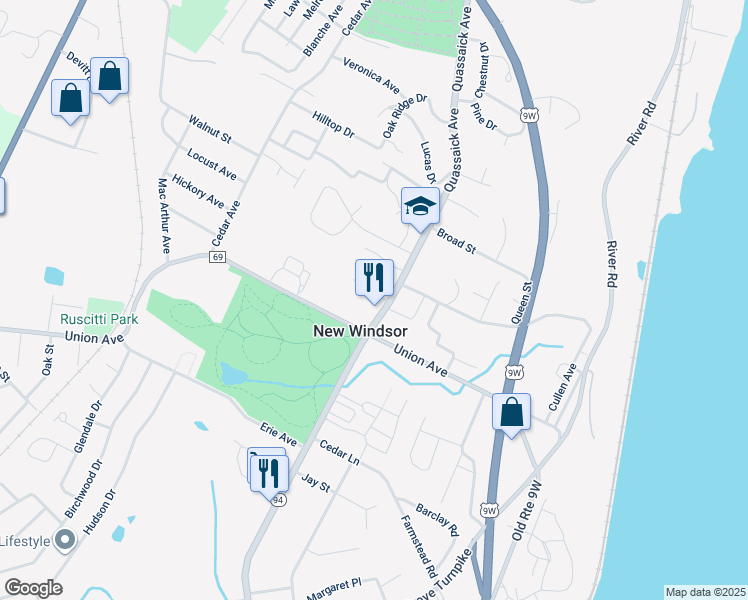 map of restaurants, bars, coffee shops, grocery stores, and more near 194 Quassaick Avenue in New Windsor