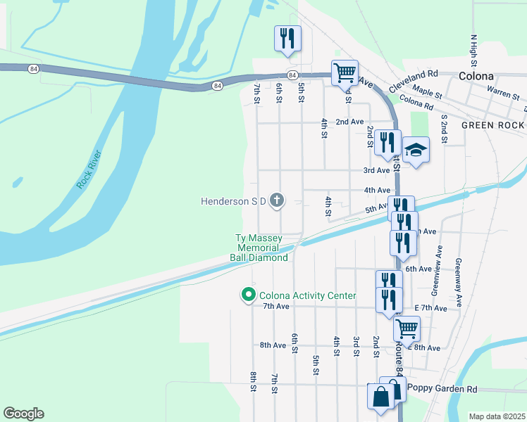 map of restaurants, bars, coffee shops, grocery stores, and more near 322 7th Street in Colona