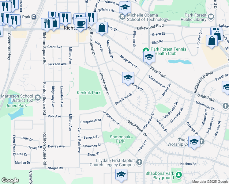 map of restaurants, bars, coffee shops, grocery stores, and more near 311 Miami Street in Park Forest