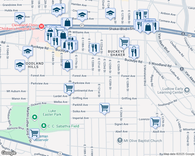 map of restaurants, bars, coffee shops, grocery stores, and more near 12016 Forest Avenue in Cleveland