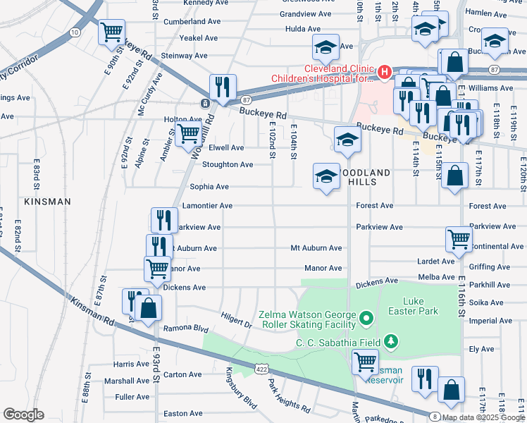 map of restaurants, bars, coffee shops, grocery stores, and more near 10014 Lamontier Avenue in Cleveland