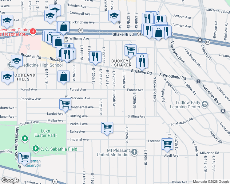 map of restaurants, bars, coffee shops, grocery stores, and more near 12520 Forest Avenue in Cleveland