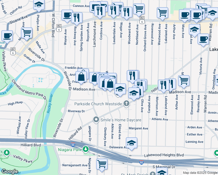 map of restaurants, bars, coffee shops, grocery stores, and more near 1661 Winton Avenue in Lakewood