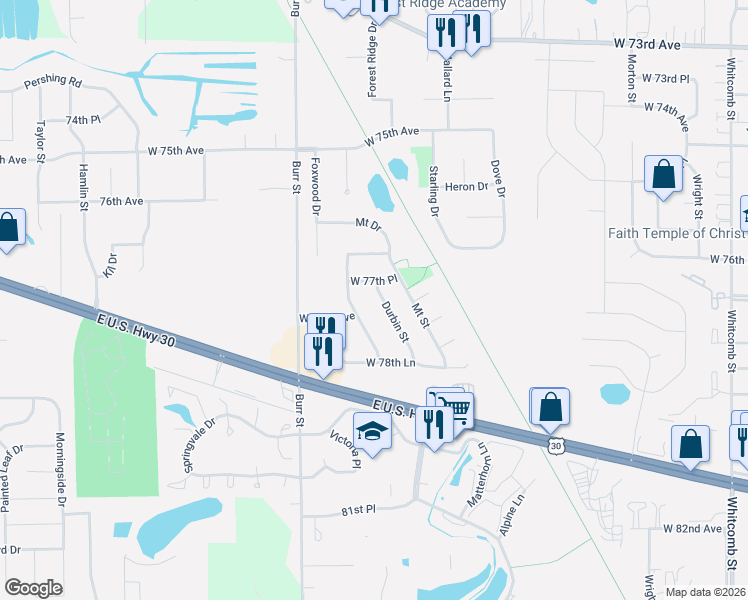 map of restaurants, bars, coffee shops, grocery stores, and more near 7725 Durbin Street in Schererville