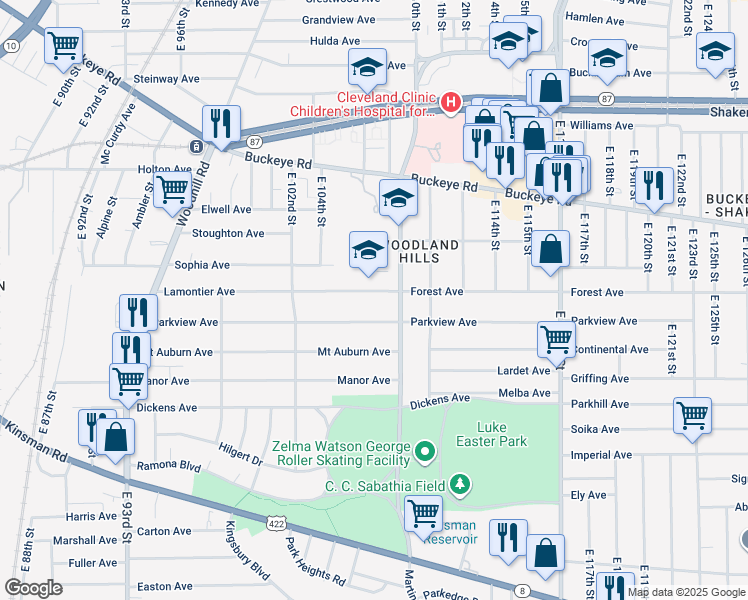 map of restaurants, bars, coffee shops, grocery stores, and more near 10814 Lamontier Avenue in Cleveland