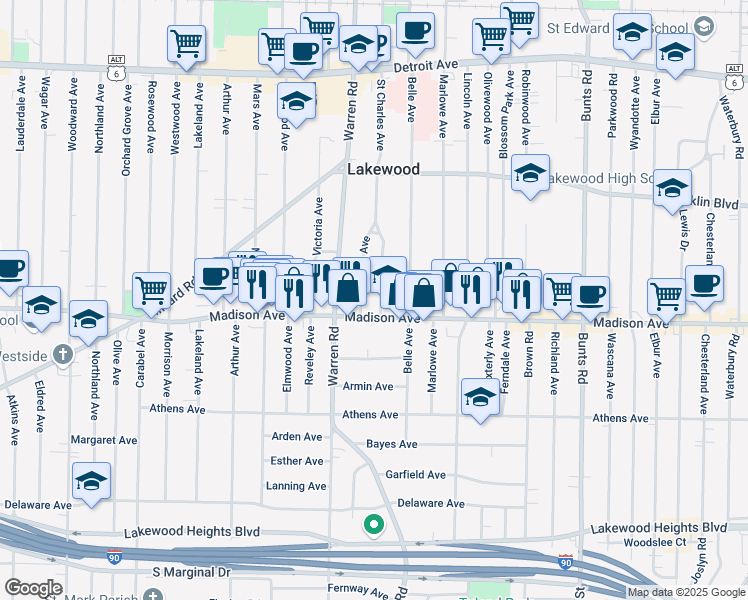 map of restaurants, bars, coffee shops, grocery stores, and more near 1663 Saint Charles Avenue in Lakewood