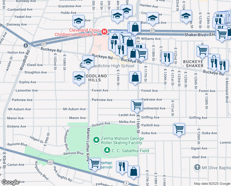 map of restaurants, bars, coffee shops, grocery stores, and more near 11308 Forest Ave in Cleveland