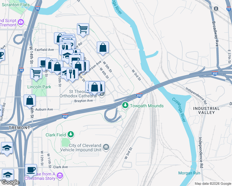 map of restaurants, bars, coffee shops, grocery stores, and more near 2557 West 6th Street in Cleveland