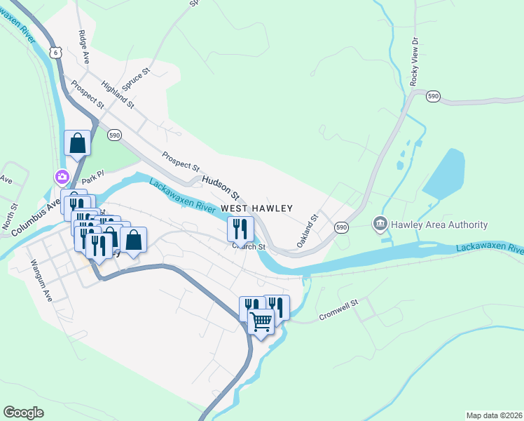 map of restaurants, bars, coffee shops, grocery stores, and more near 759 Hudson Street in Hawley